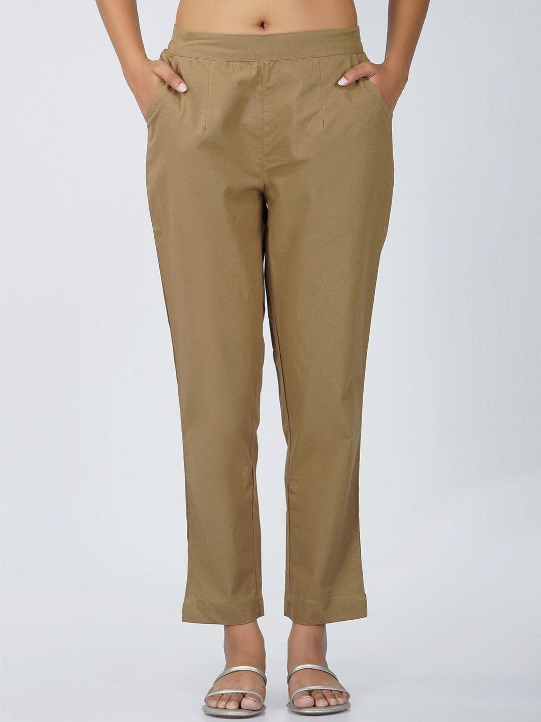 sparsa women mid-rise easy wash pure cotton pleated trousers