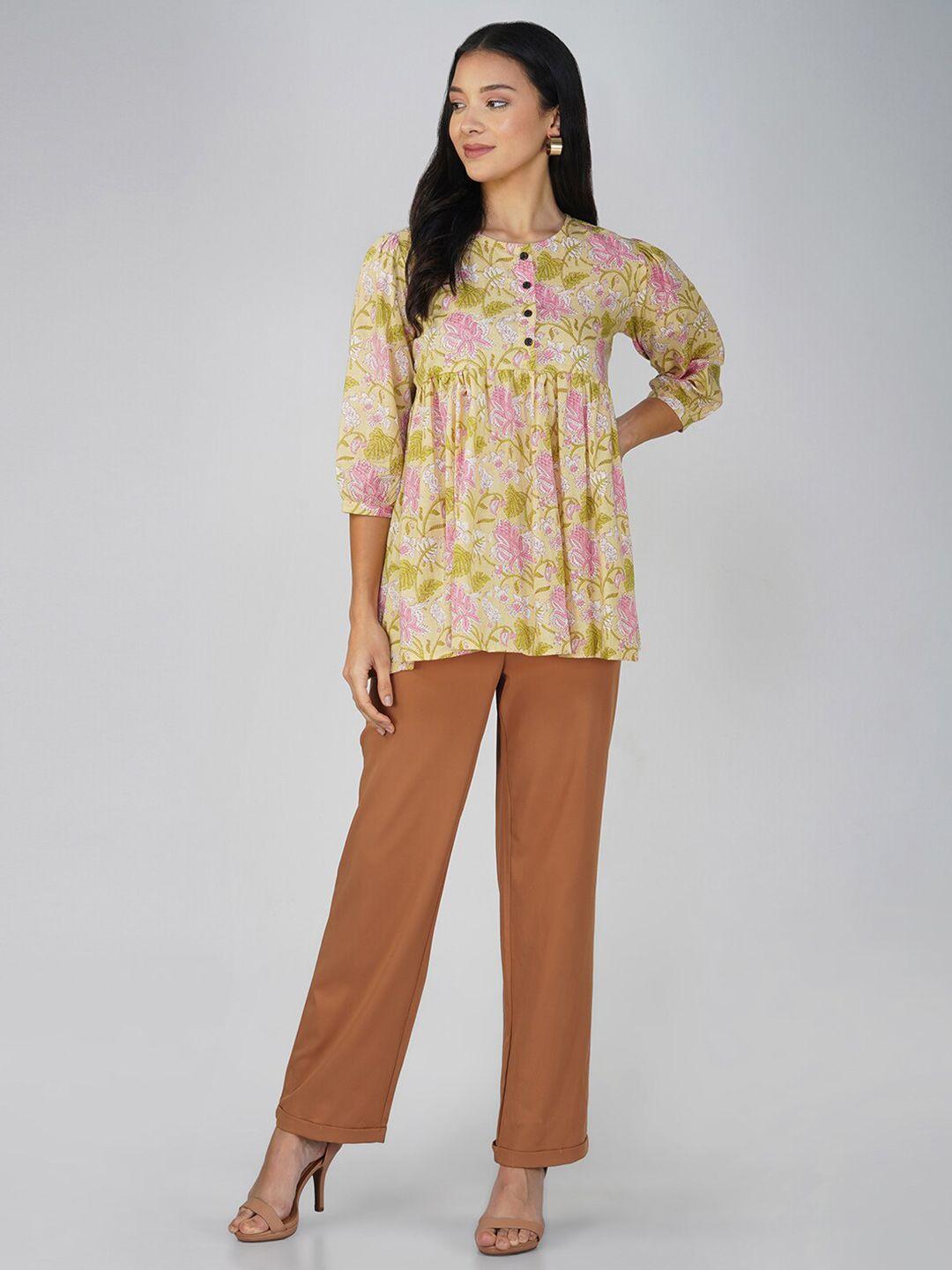 sparsa yellow print puff sleeve cotton top