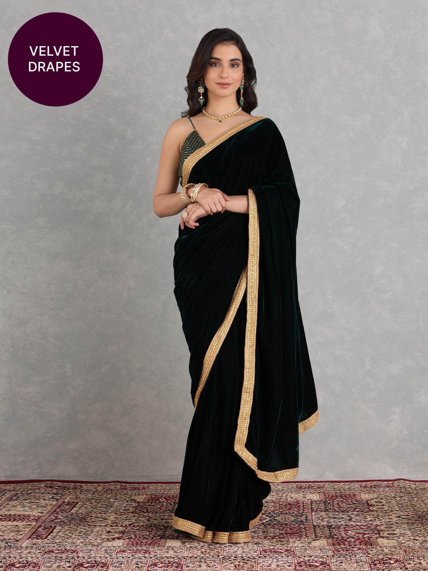 spartan green velvet solid border lace party saree and unstitched blouse