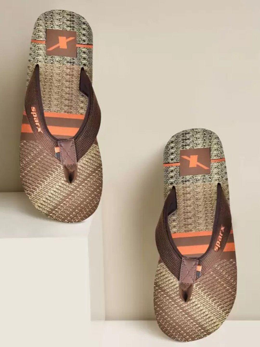 sparx men brown & orange printed thong flip-flops
