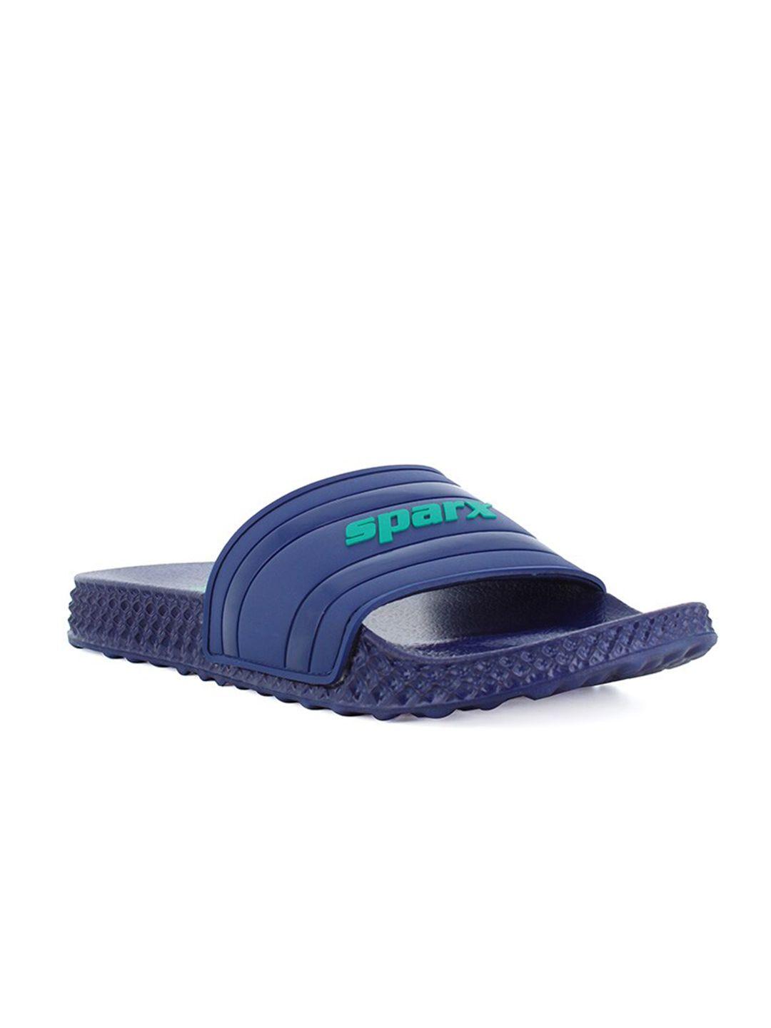 sparx men navy blue & green printed rubber sliders