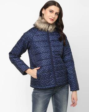 speckle print puffer jacket with fur-lined hood