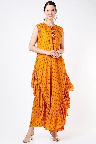 spectra yellow printed & embroidered asymmetrical cape set