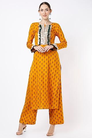 spectra yellow printed & embroidered straight kurta set