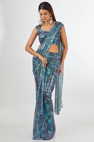 spectrum blue sequins tulle printed pre-draped saree set