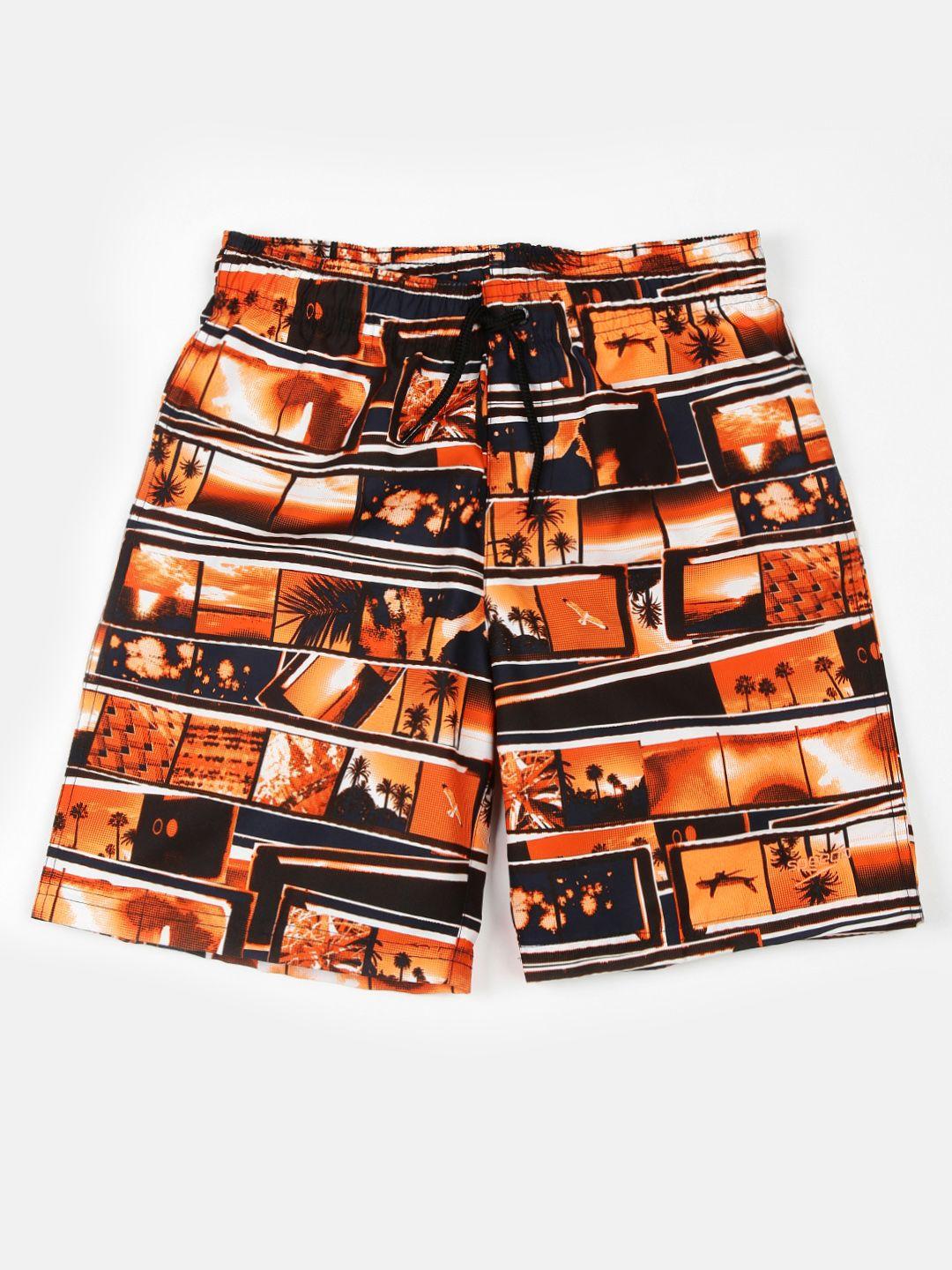 speedo boys orange & black printed beach shorts