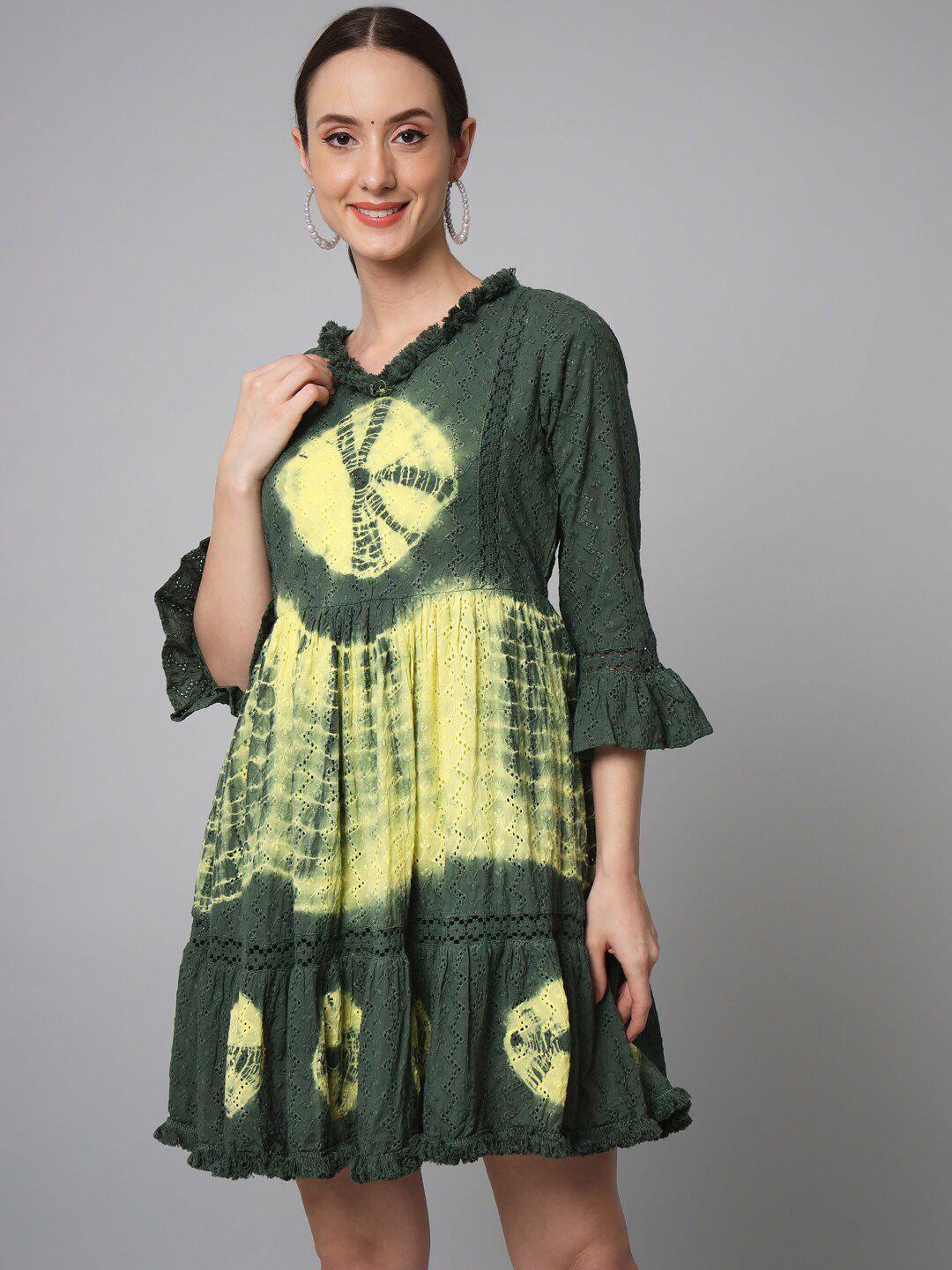 spera green & yellow tie and dye a-line cotton dress