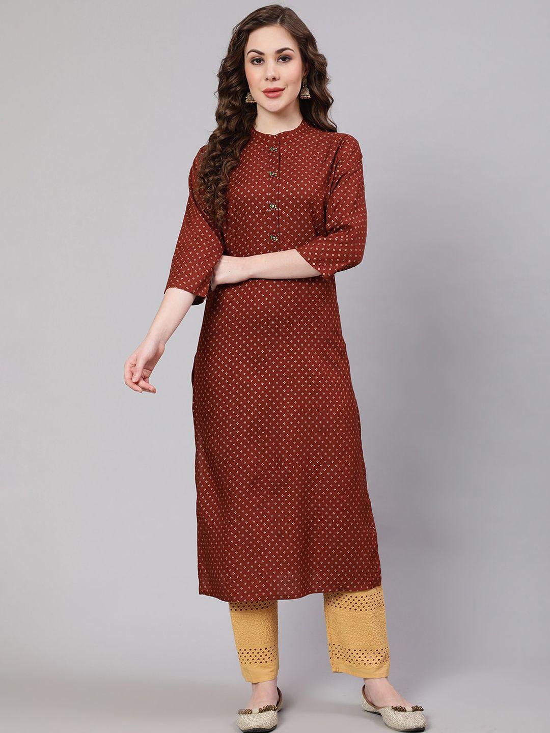 spera mandarin collar ethnic motifs foil printed straight kurta