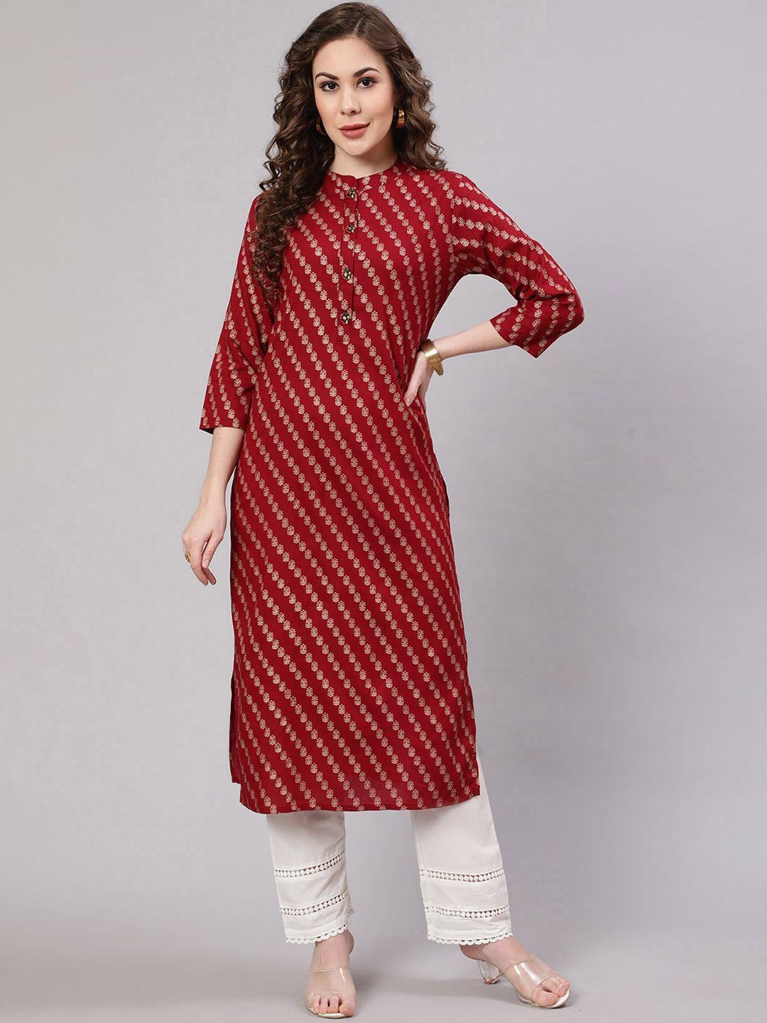 spera mandarin collar floral foil printed straight kurta