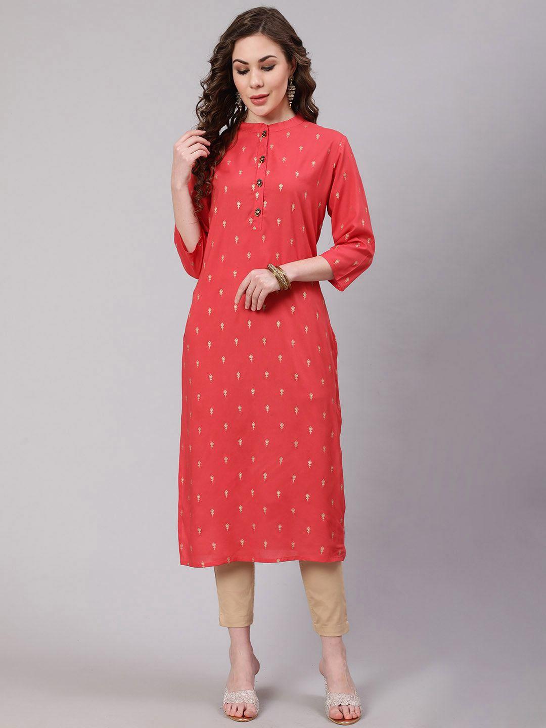 spera mandarin collar floral foil printed straight kurta