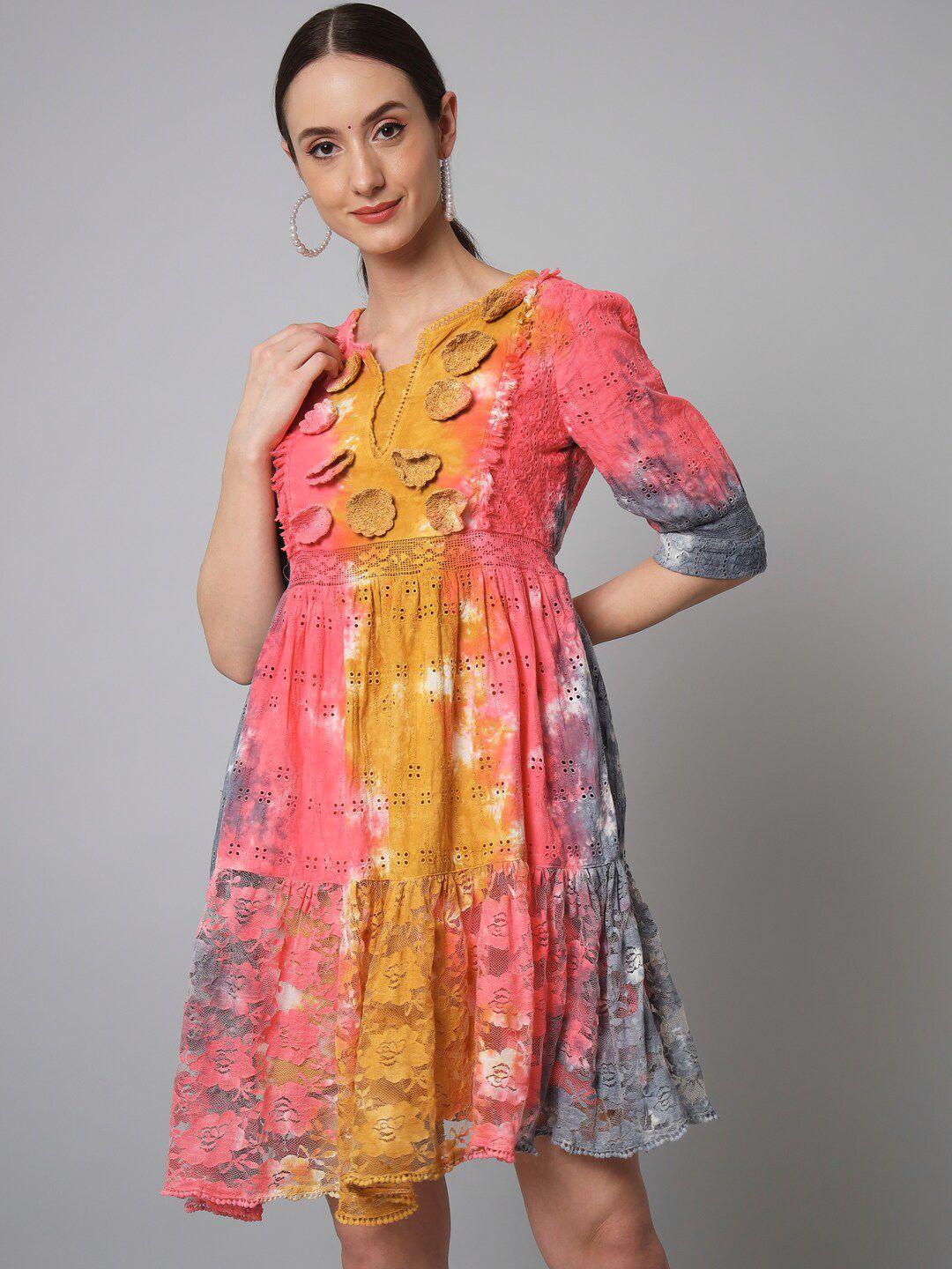 spera mustard yellow & pink tie and dye a-line dress