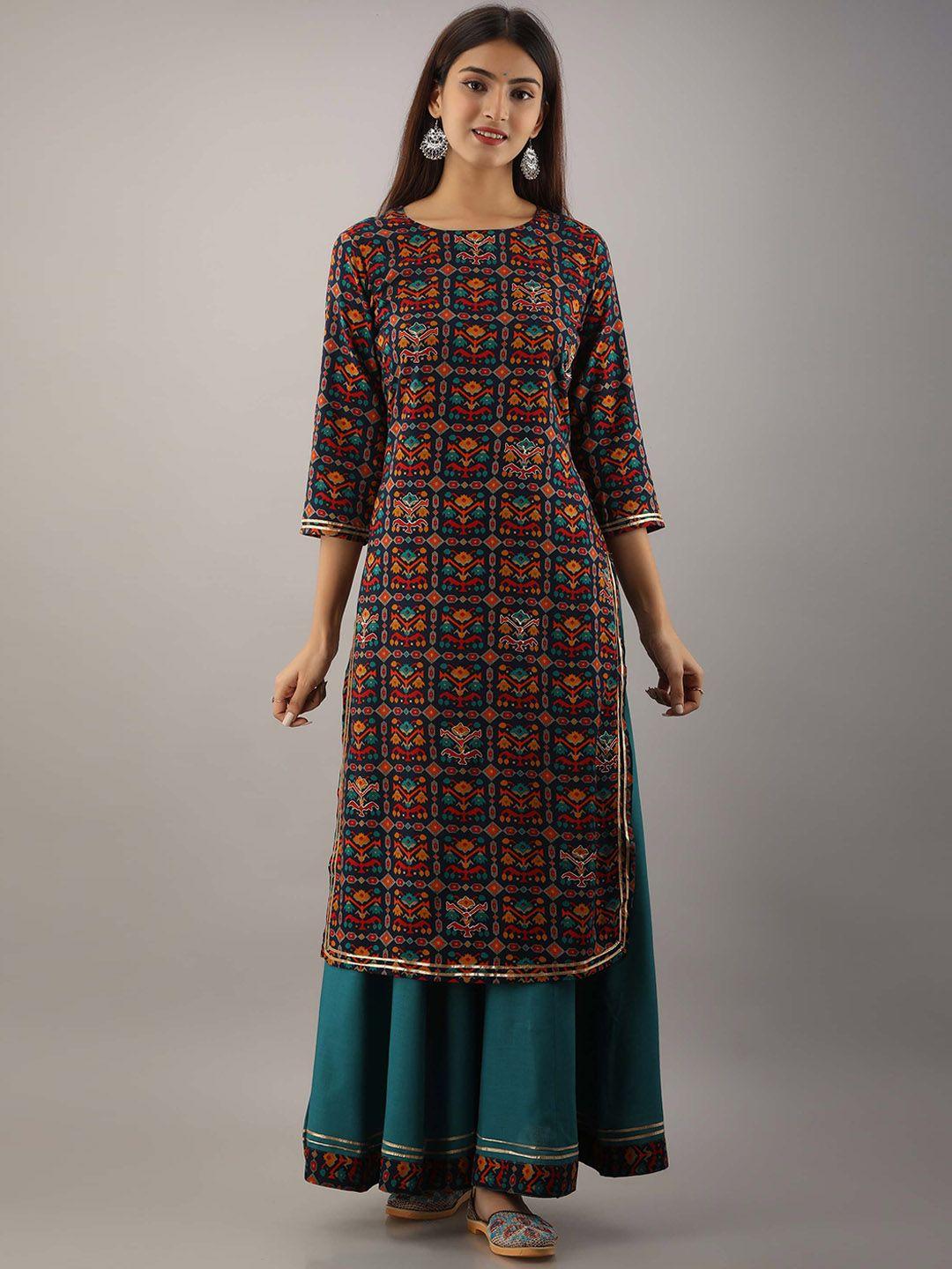 spera notch neck ethnic motifs printed straight kurta with skirt
