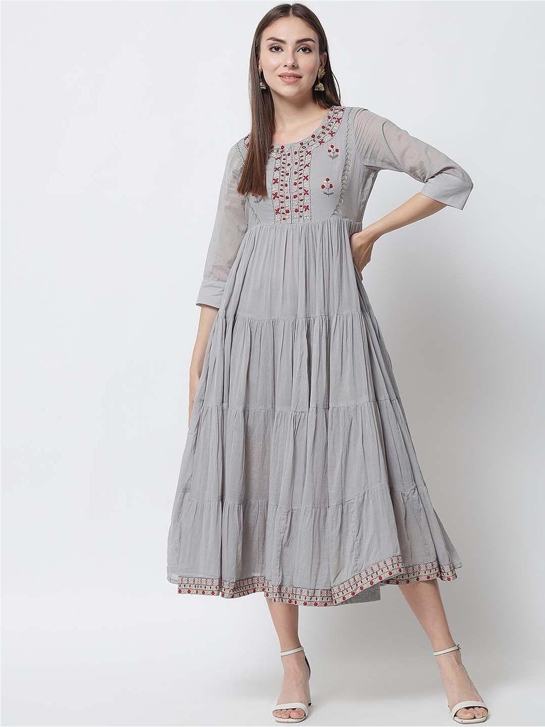 spera round neck floral embroidered tiered fit & flare cotton ethnic dress