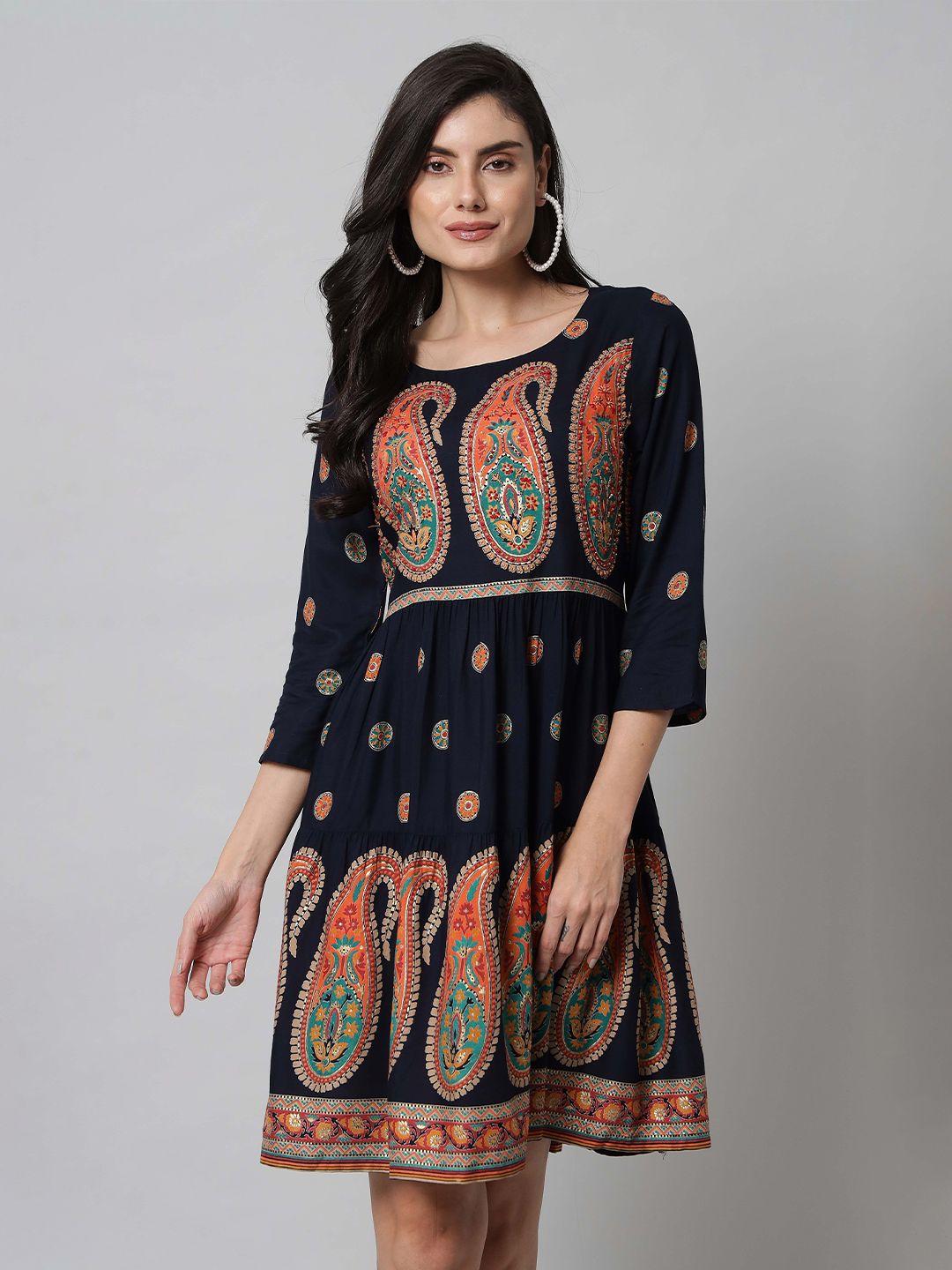spera round neck paisley printed sequined fit and flare dress