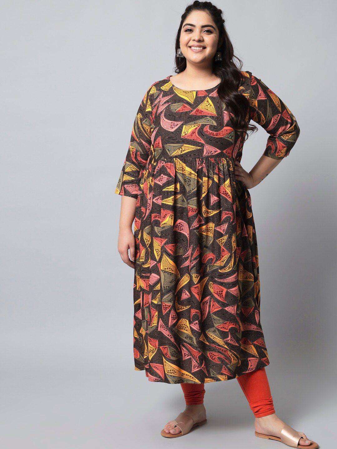 spera women plus size black & yellow floral printed kurta