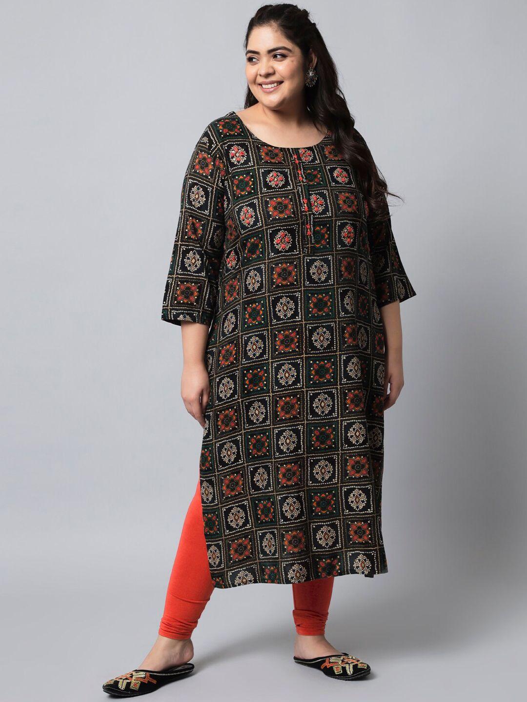 spera women plus size black ethnic motifs printed kurta