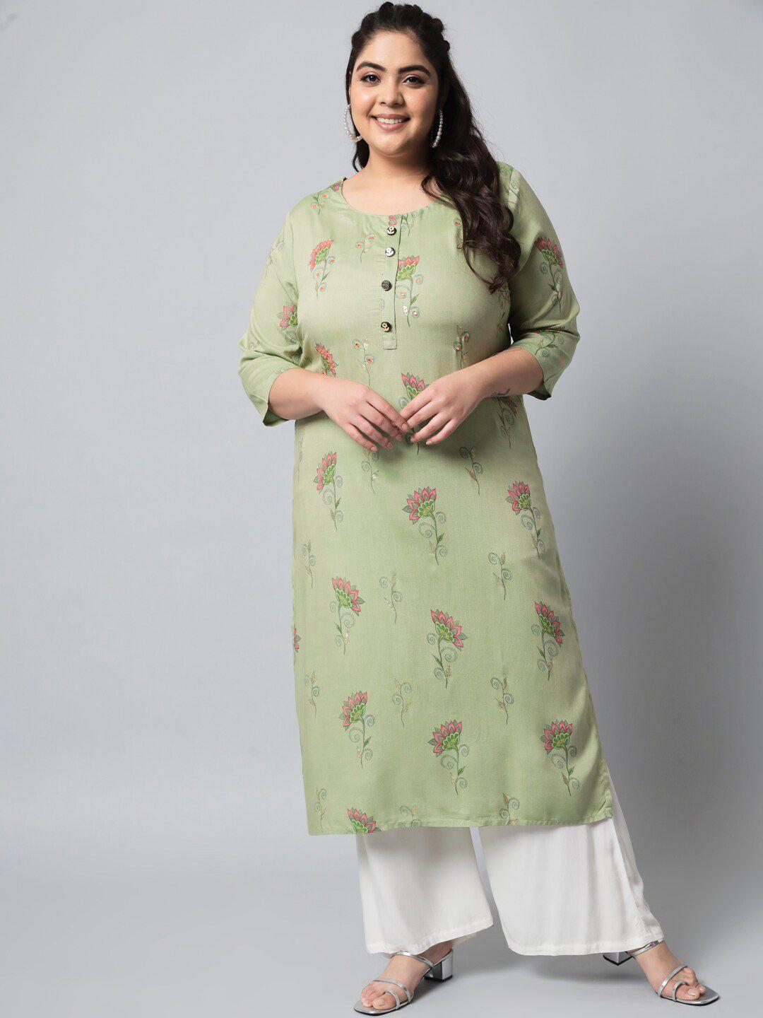 spera women plus size green floral printed mirror work floral kurta