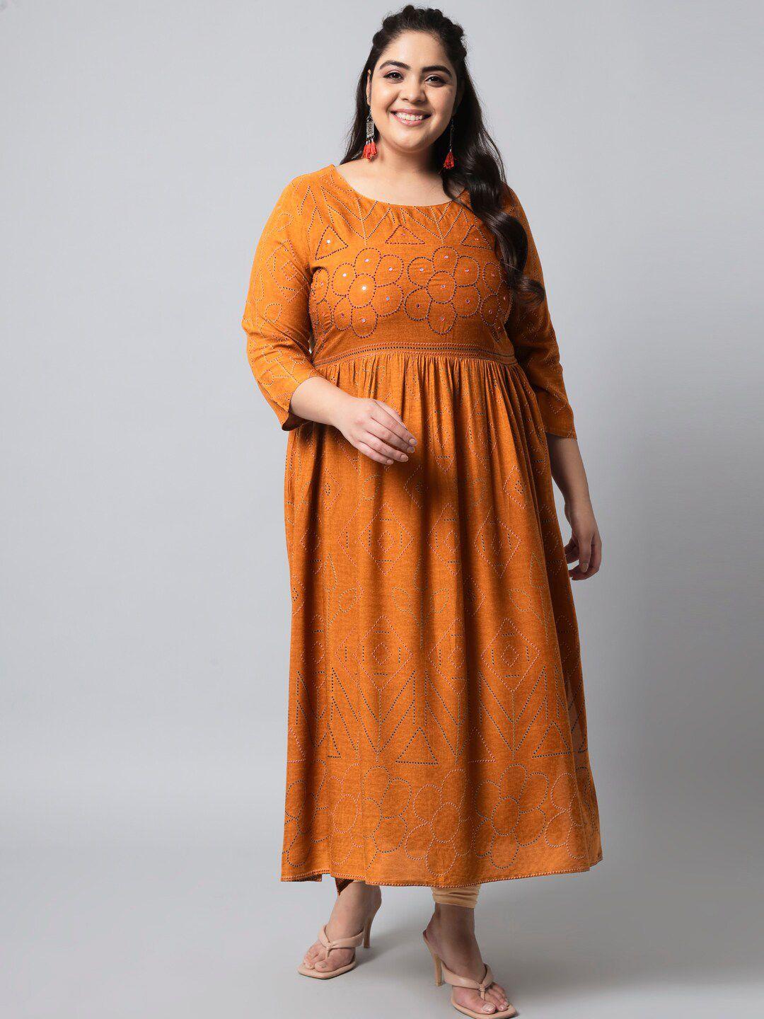 spera women plus size mustard ethnic motifs embroidered thread work kurta