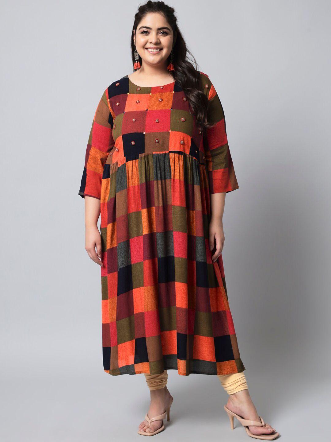 spera women plus size red & olive green checked rayon a-line kurta