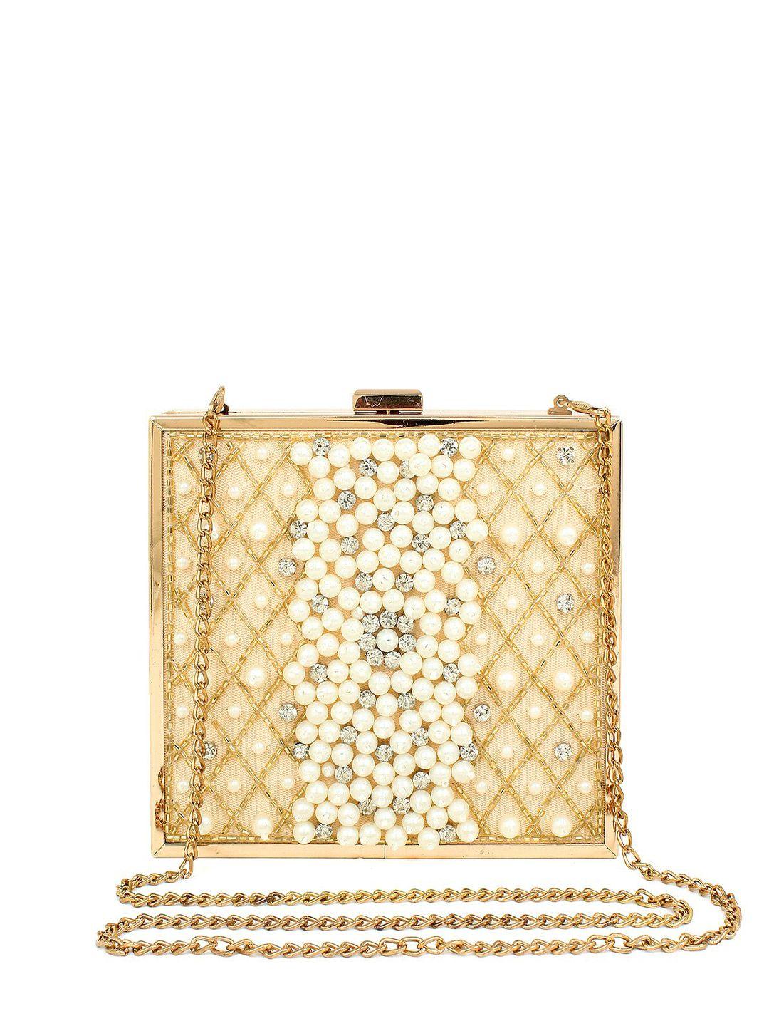 spice art golden & white bead embellished box clutch