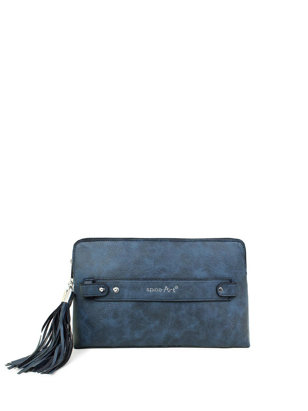 spice art navy blue textured tasselled purse clutch