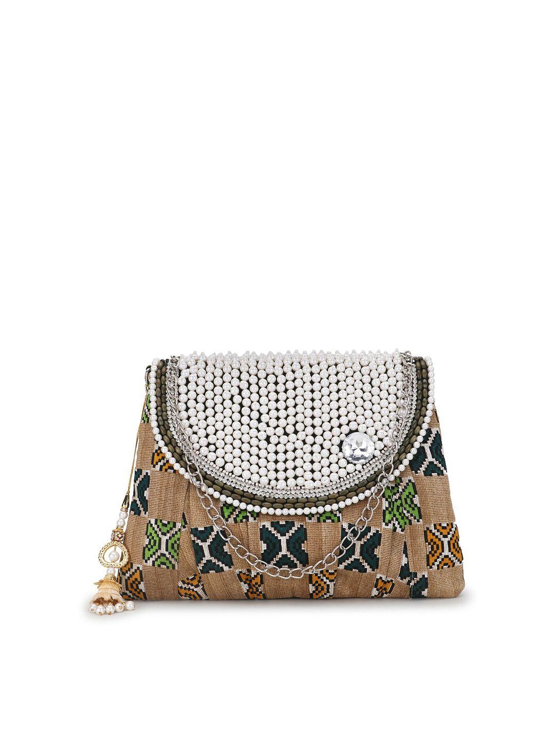 spice art beige & white embroidered tasselled envelope clutch