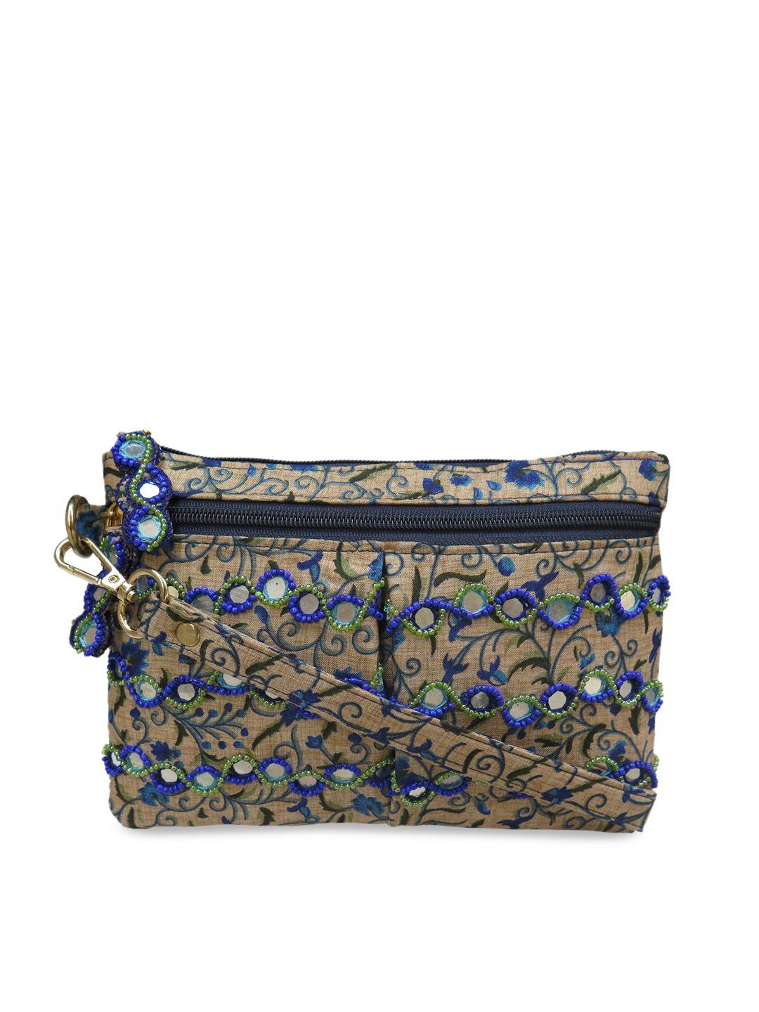 spice art blue & brown embroidered clutch