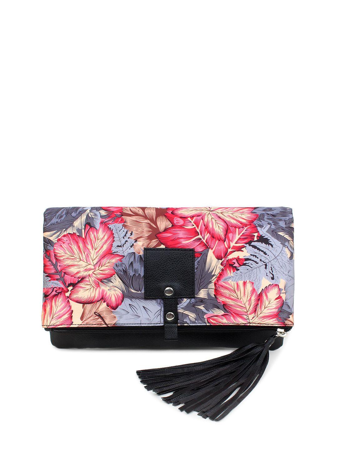 spice art grey & pink printed tasselled foldover clutch