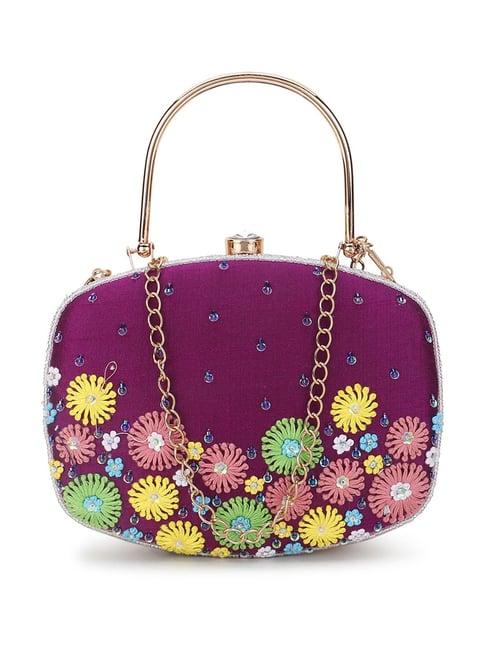 spice art purple embroidered medium clutch