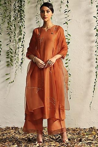 spice orange chanderi embroidered kurta set