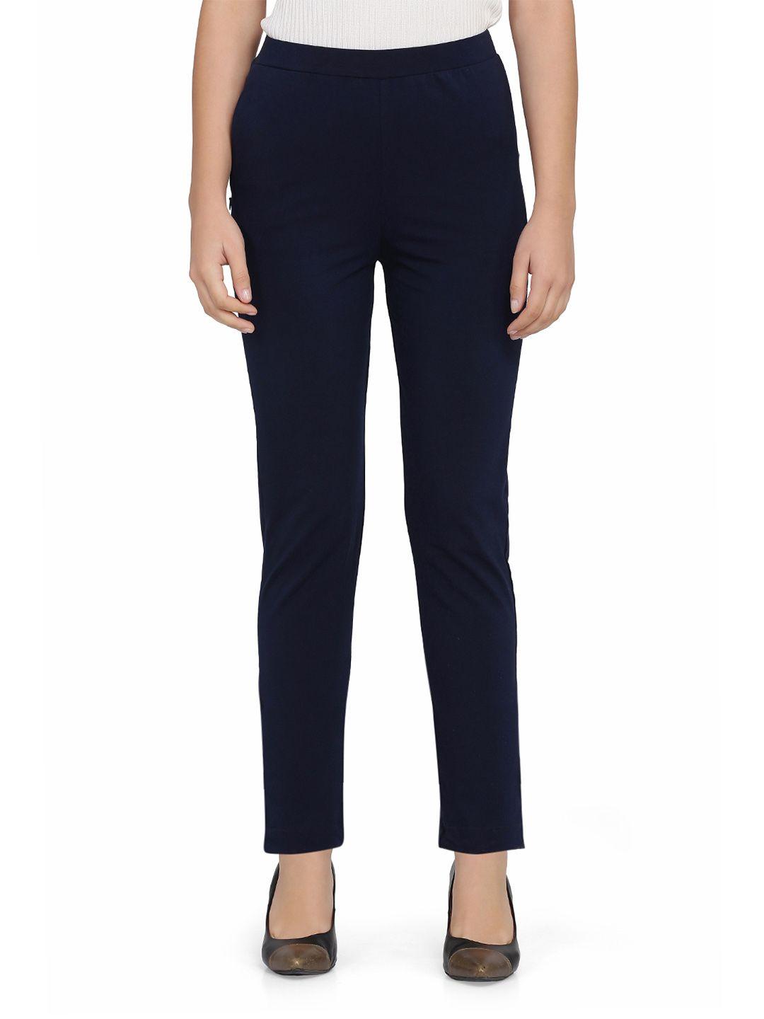 spiffy women navy blue relaxed straight leg straight fit trousers