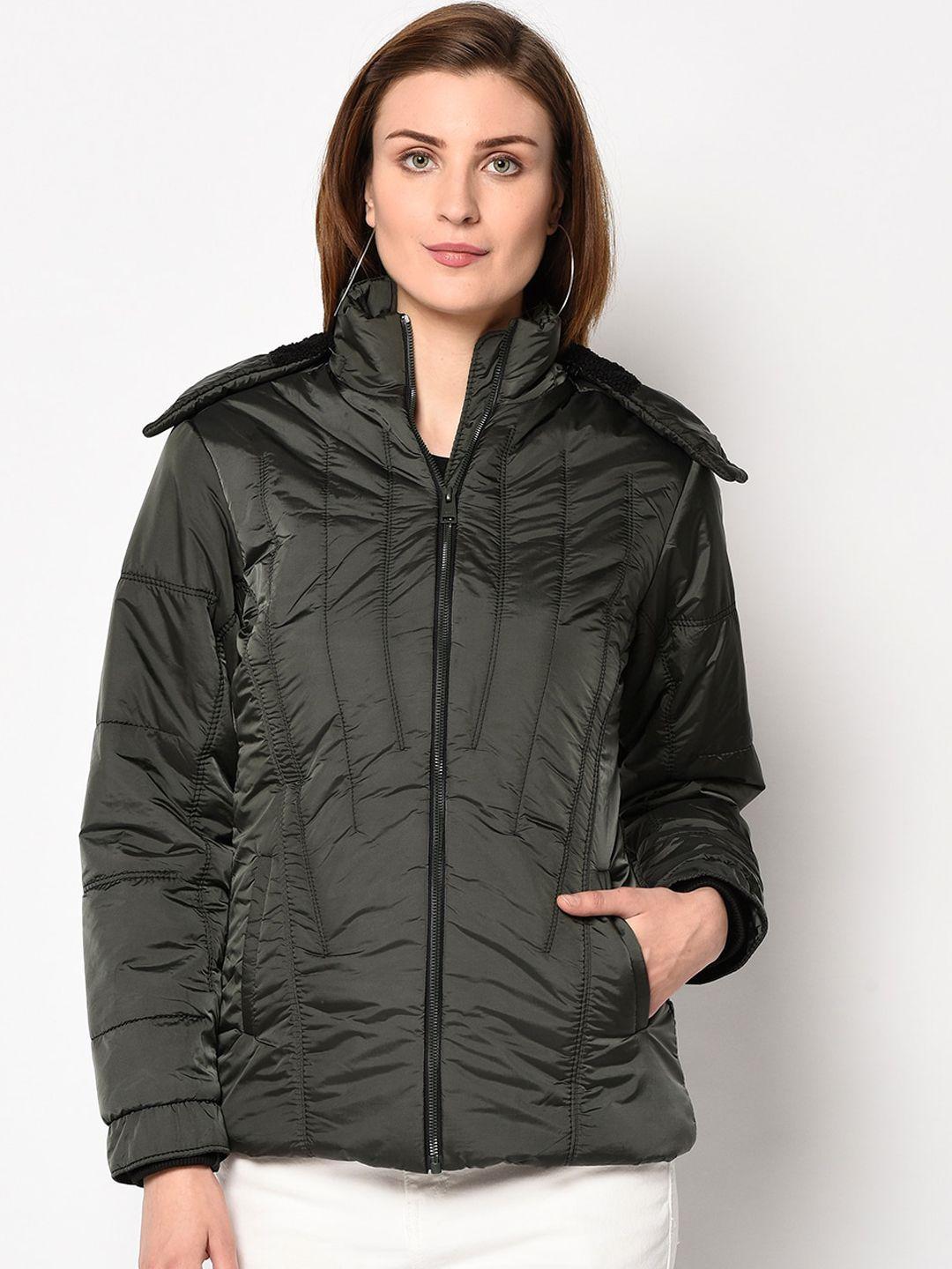 spirit women charcoal grey solid windcheater padded jacket with detachable hood