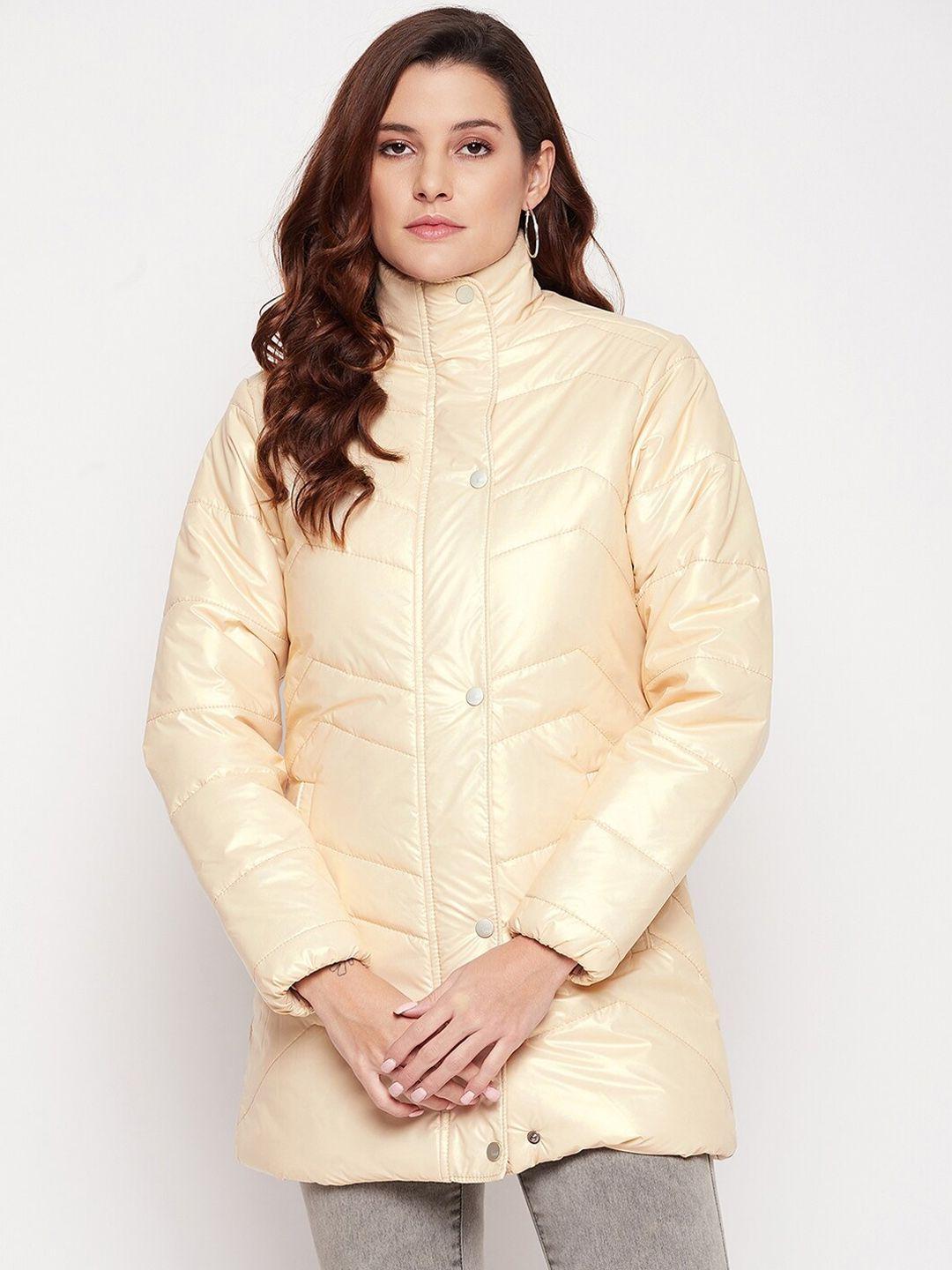 spirit women cream solid windcheater stand collar long sleeves longline puffer jacket