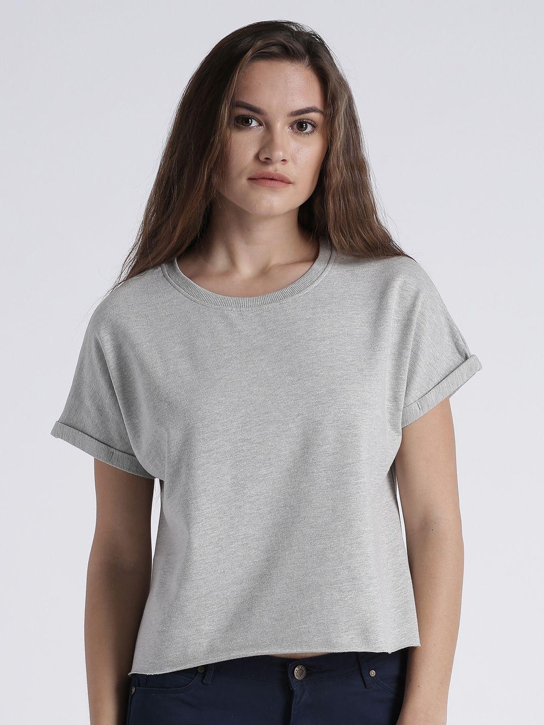 splash women grey melange solid round neck t-shirt