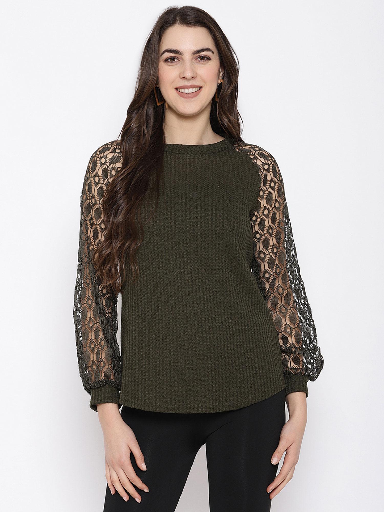 splice lace crew neck top