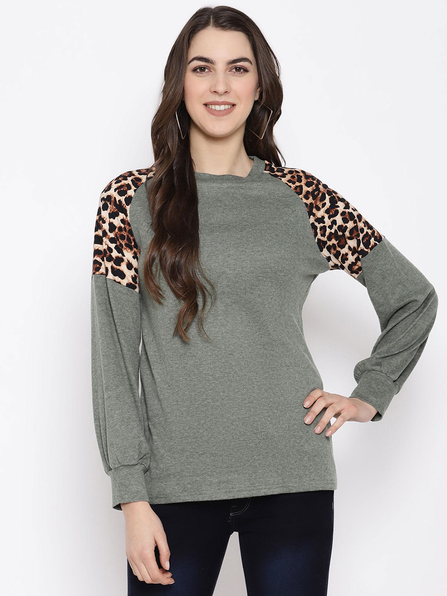 splice leopard print puff sleeve top