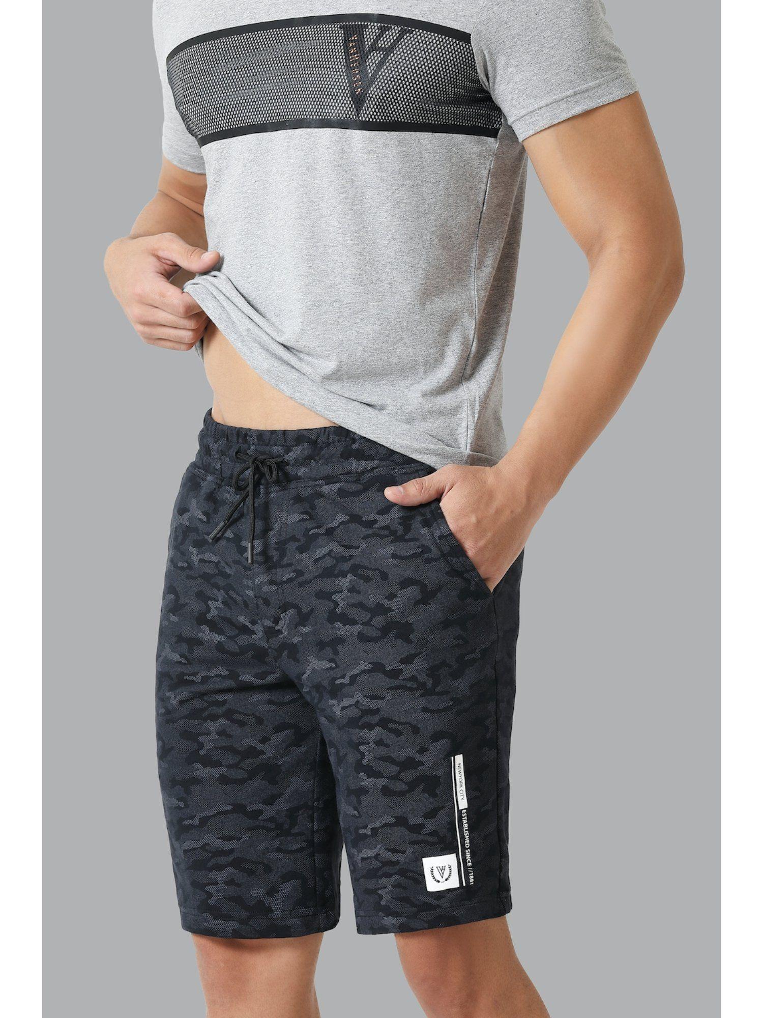 sport men camo print & drawstring waist knit shorts - black aop