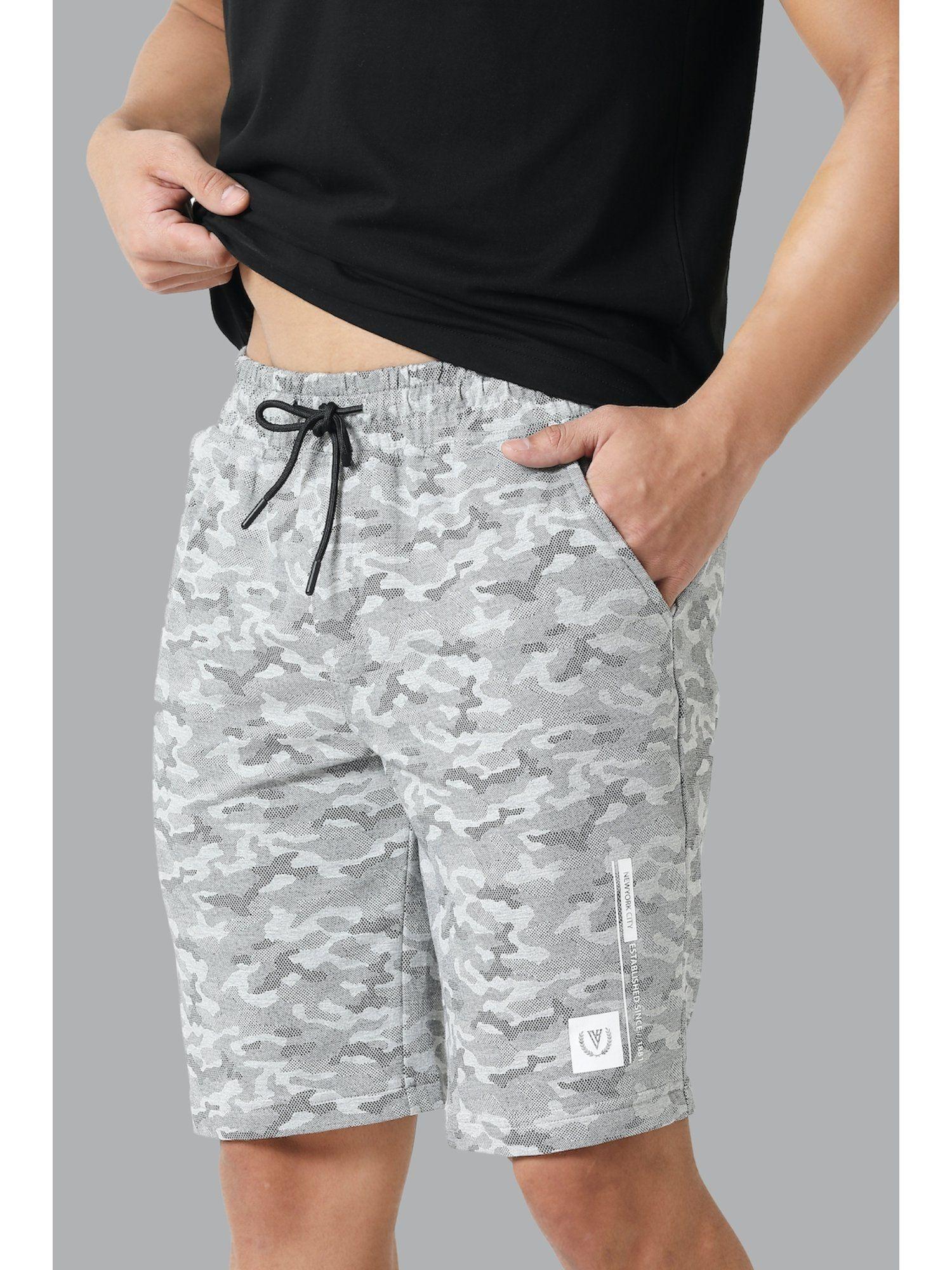 sport men camo print & drawstring waist knit shorts - grey melange aop