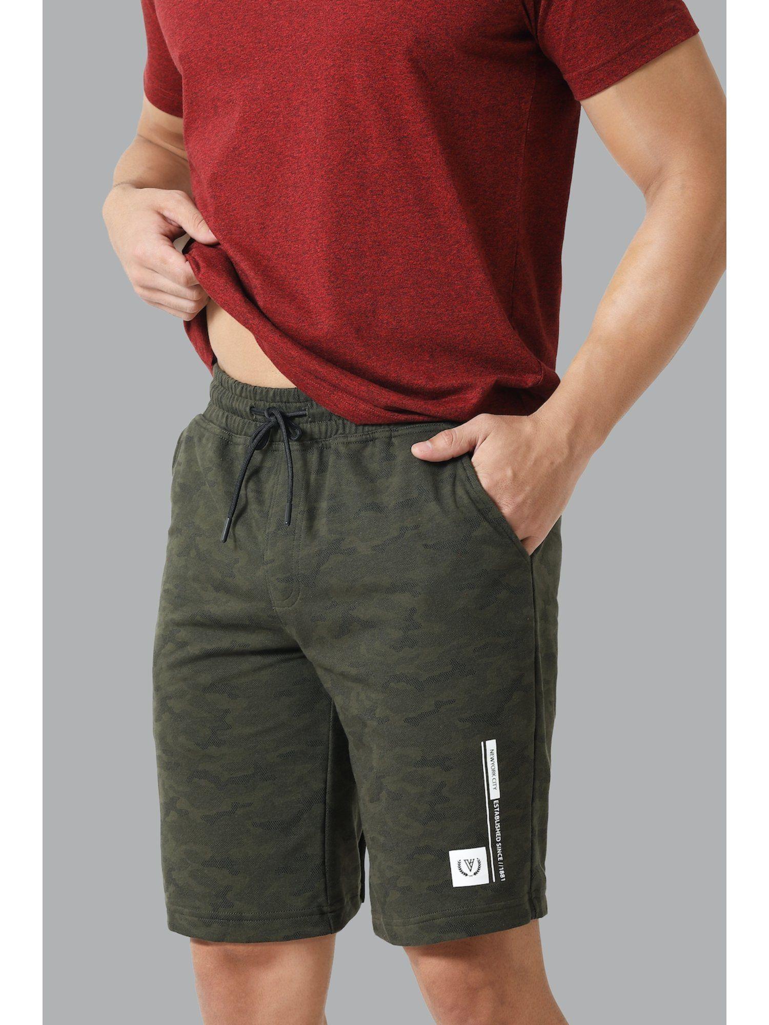 sport men camo print & drawstring waist knit shorts - moss green aop