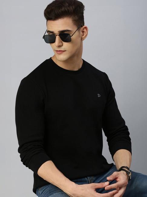 sporto black loose fit textured round neck sweatshirt