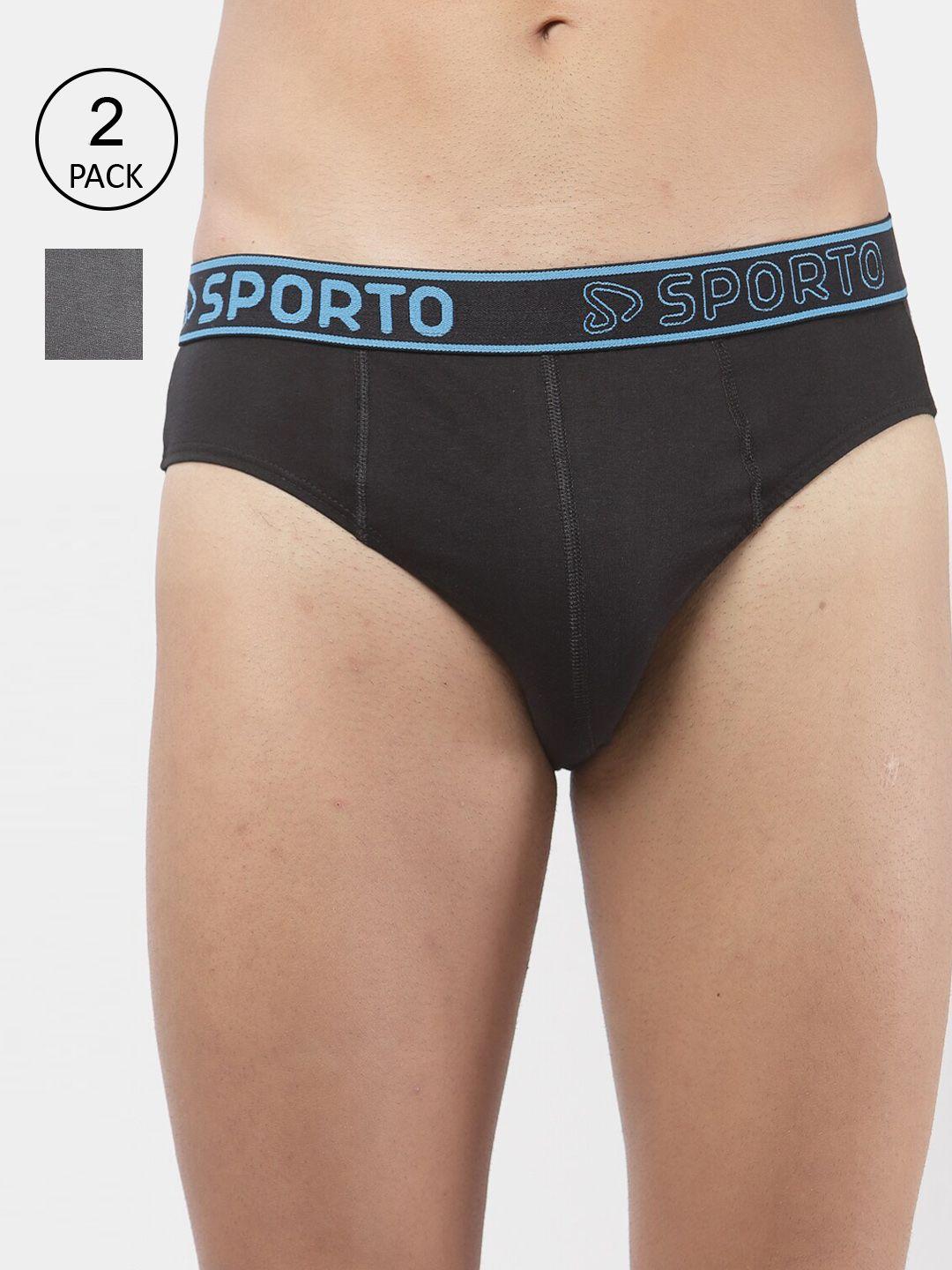 sporto men pack of 2 black & charcoal solid cotton basic briefs