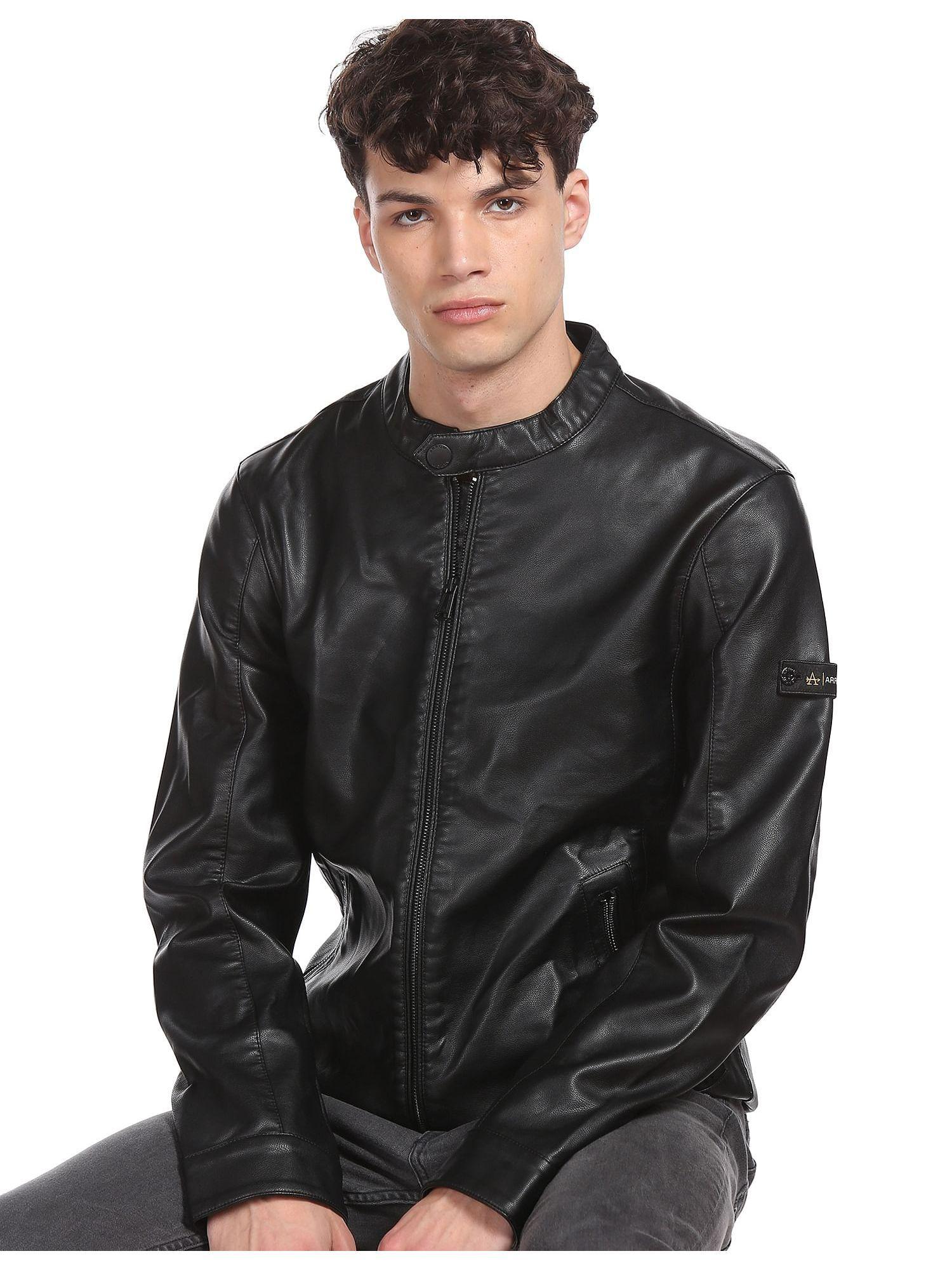 sports-men-black-long-sleeve-high-neck-biker-jacket
