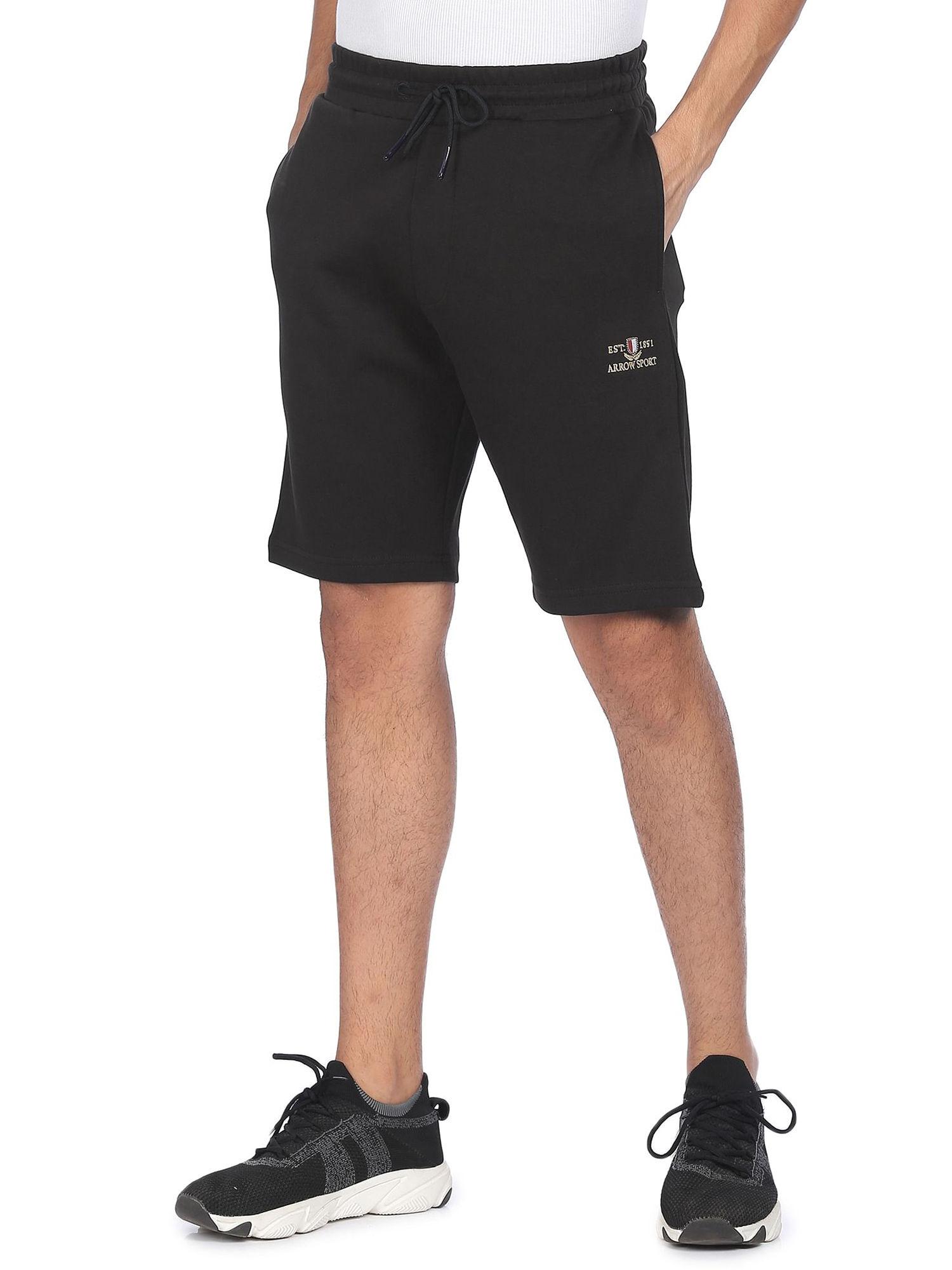 sports men black mid rise solid knit shorts