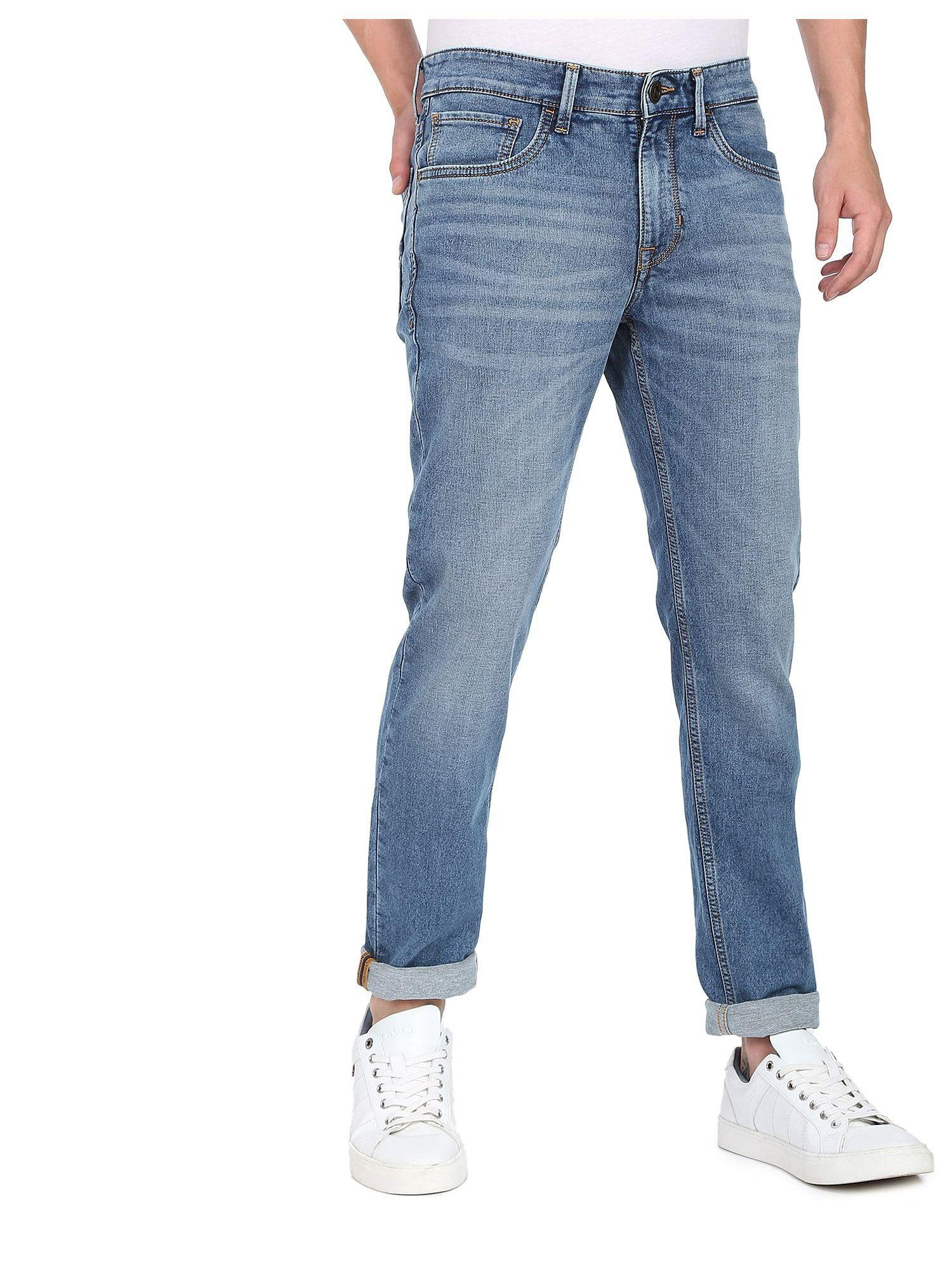 sports men blue mid rise stone wash jameson slim fit jeans