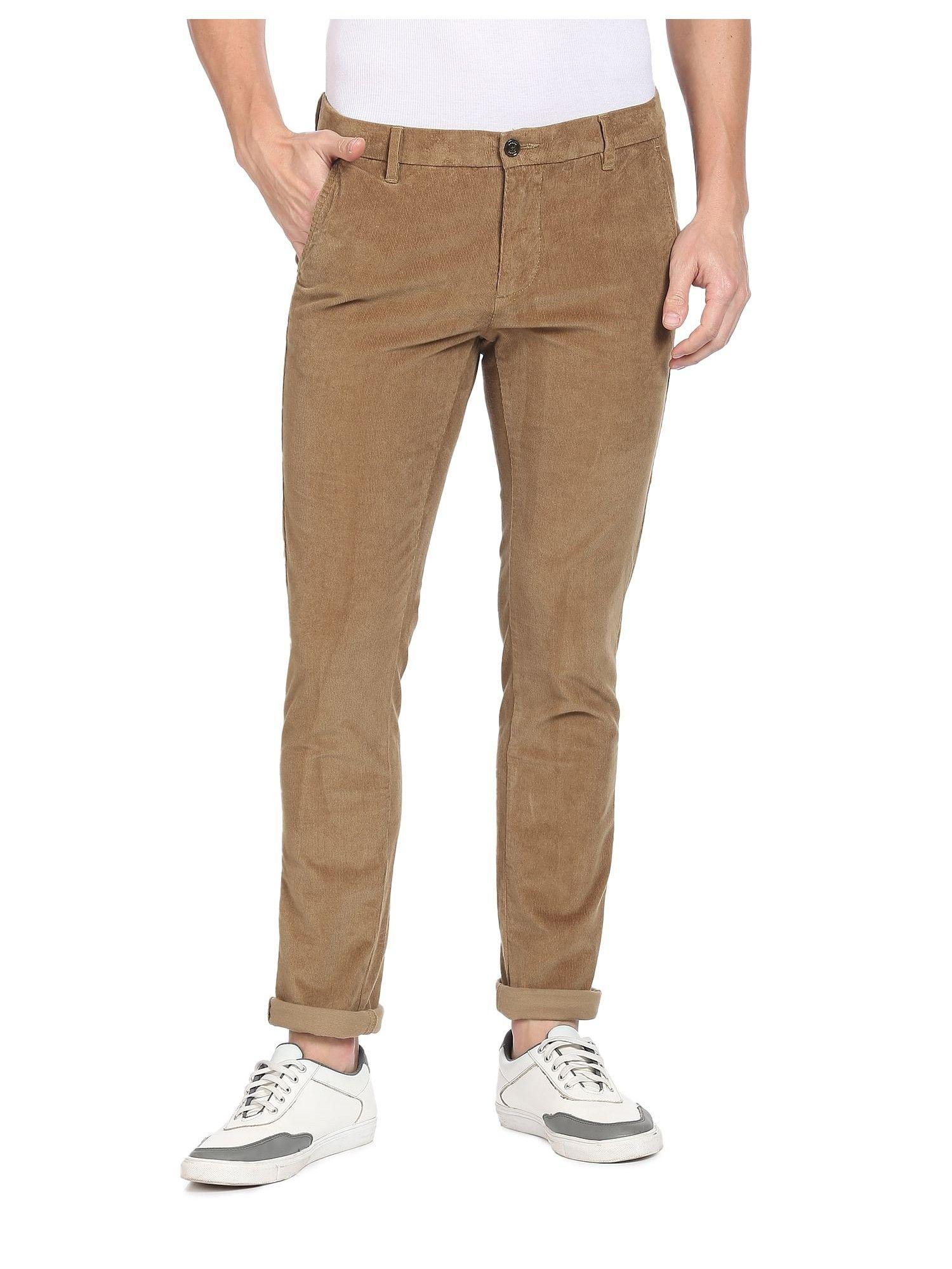 sports men brown mid rise corduroy solid casual trousers