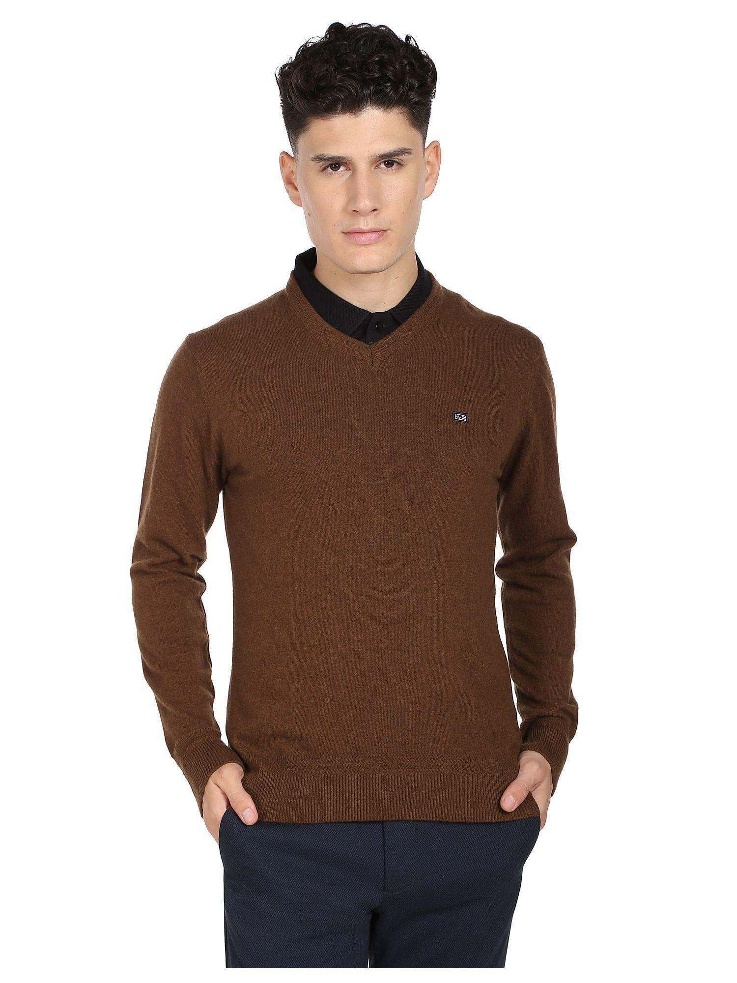 sports men brown v-neck long sleeve heathered sweater