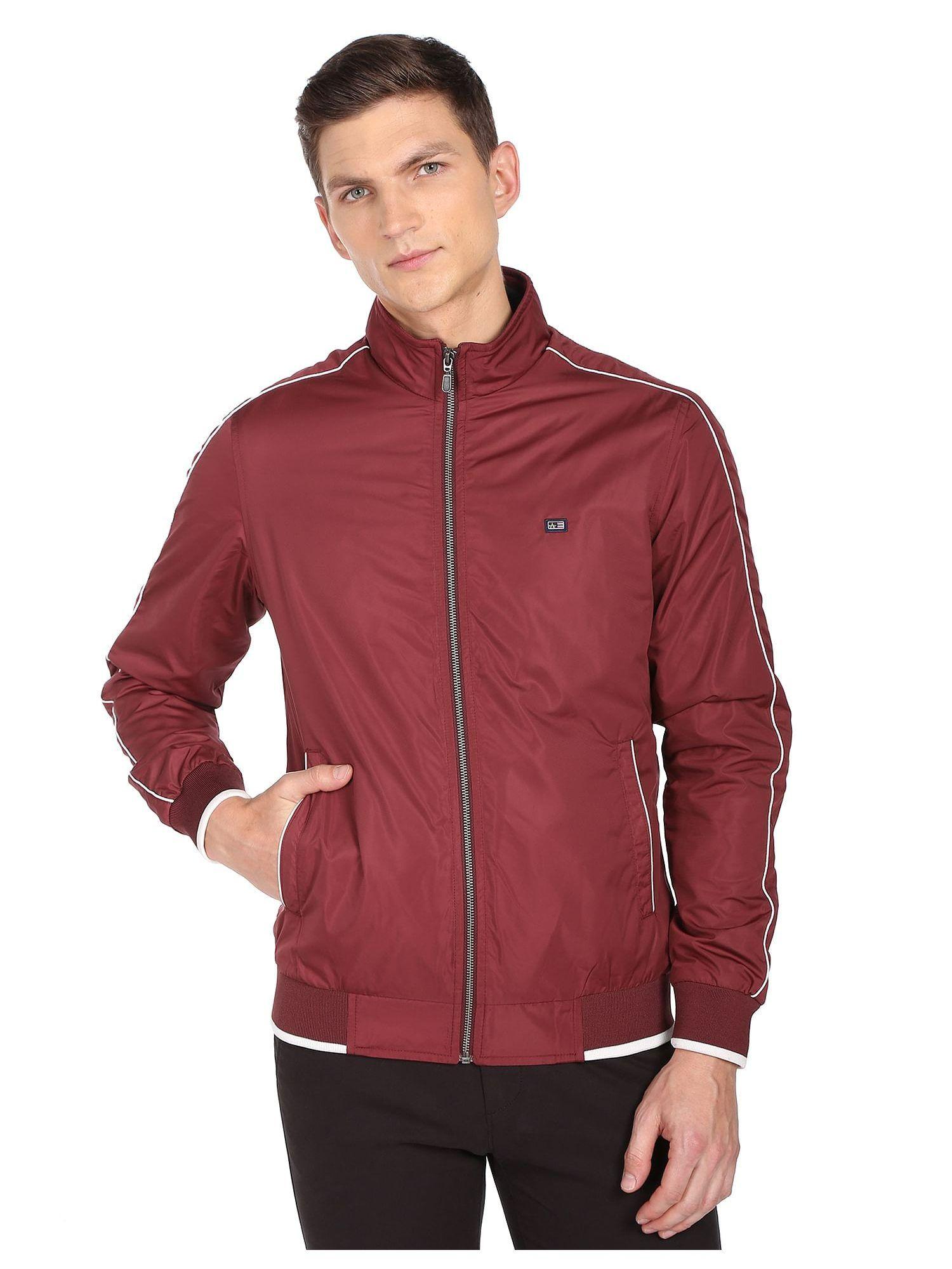 sports men maroon stand collar polyester solid casual jacket