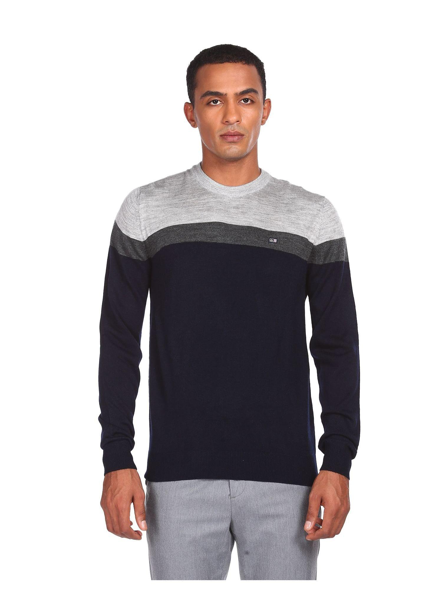 sports men navy and grey crew neck color block sweater