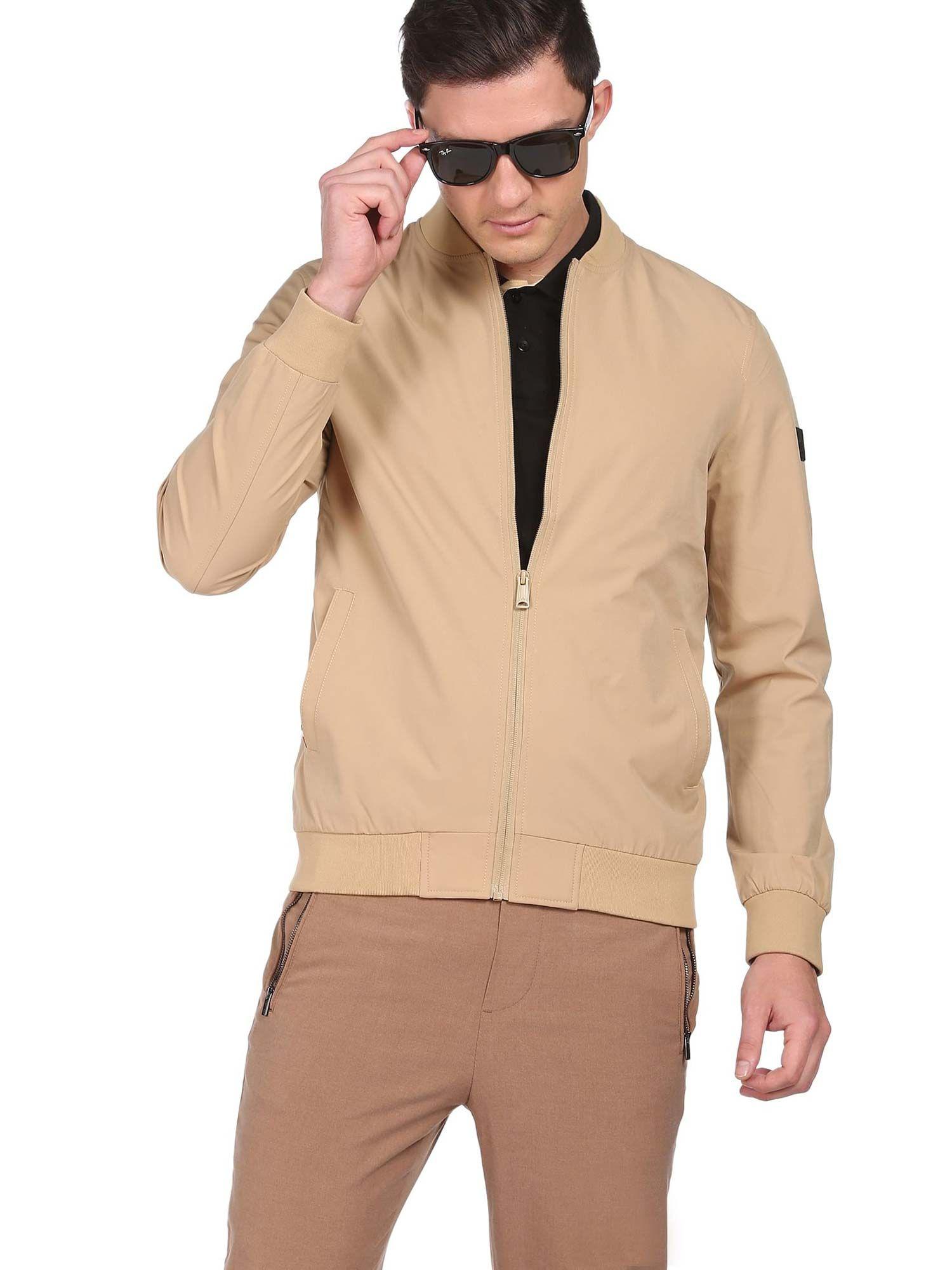 sports men beige stand neck solid bomber jackets