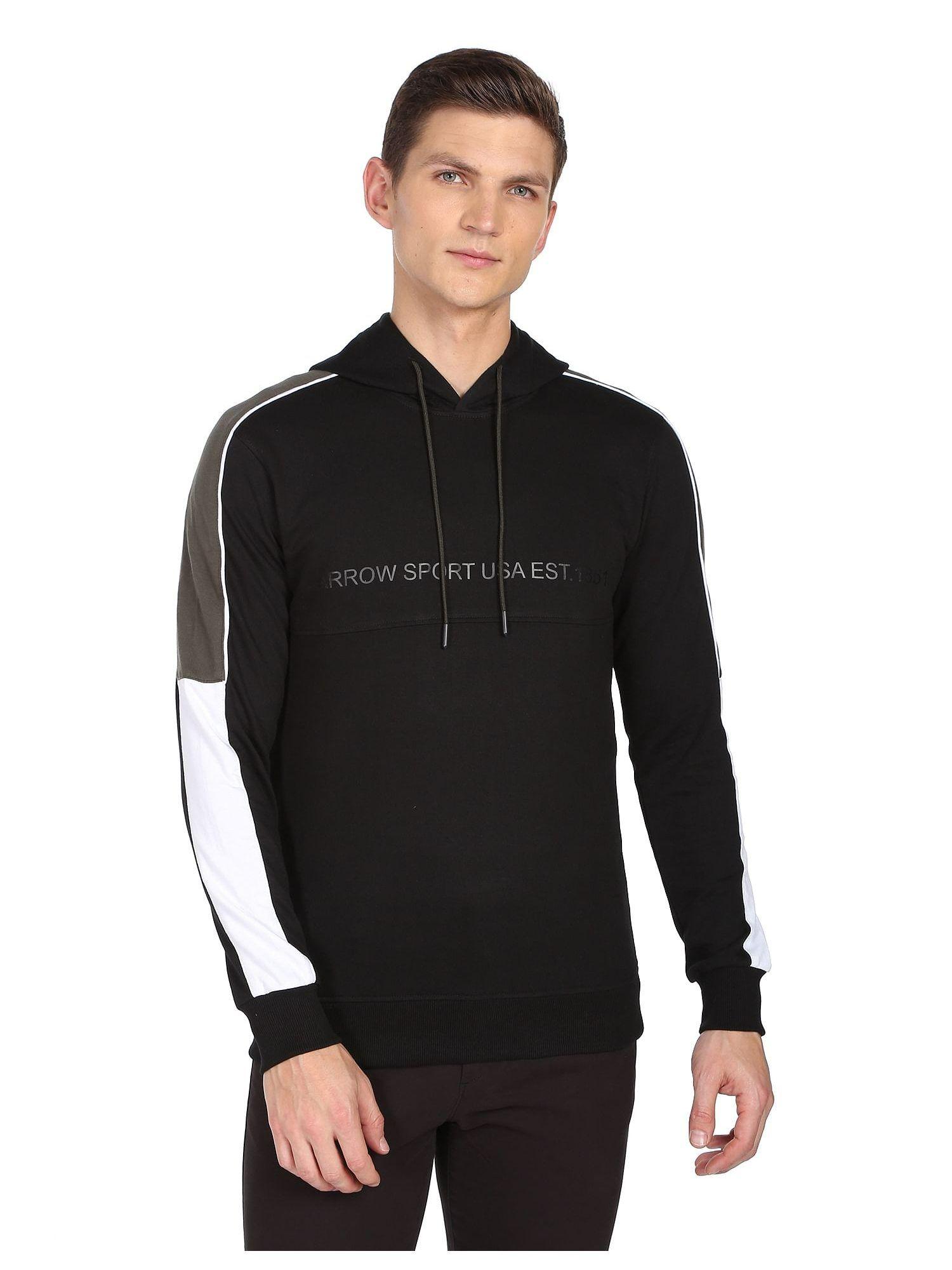 sports men black contrast panel brand print hooded sweatshirt